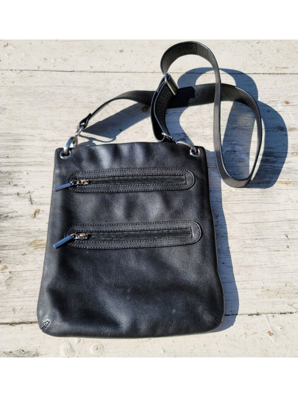 Black Leather Crossbody Bag Purse Zipper Pockets & Adjustable Margot jj3633